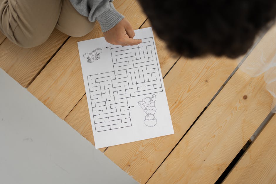 A person holding a maze and looking at it with a plan