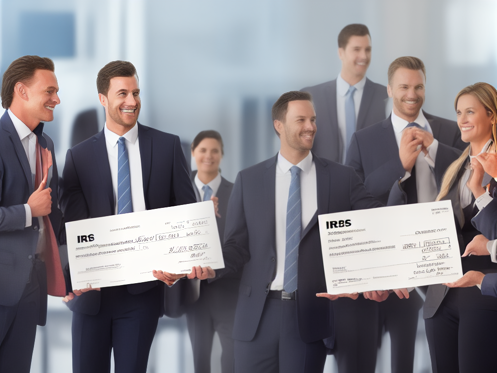 A cartoon image of a person holding a large check with the IRS logo, looking concerned, while another person in a suit looks on with a smile.