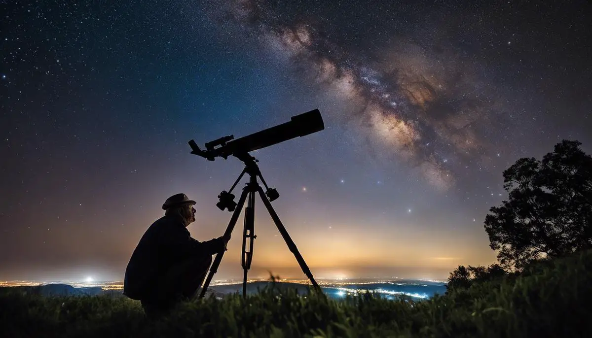 An image that shows a retiree looking through a telescope at a night sky full of stars, representing the interest and engagement of retirees in astro-ecology initiatives.