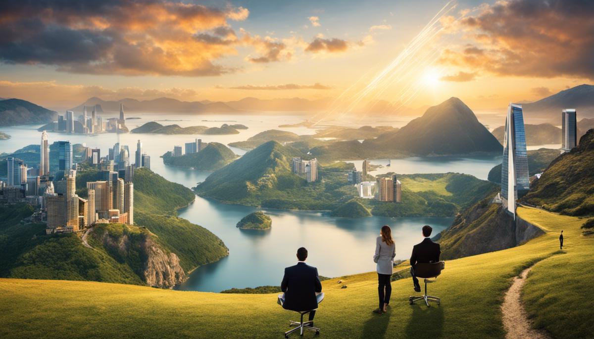 Image of entrepreneurs looking at a landscape in 2024, depicting the evolving business world with digital currencies, start-ups, tax rules, and technology investments.