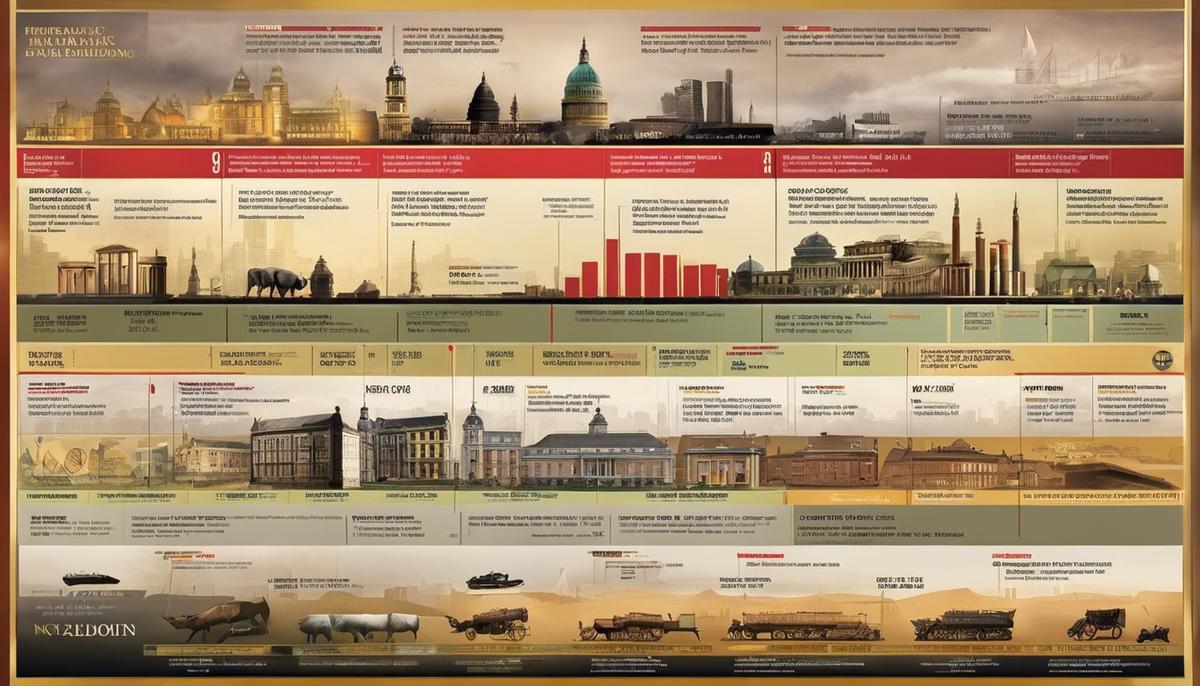 A historical timeline with icons representing stagflation, hyperinflation, and deflation, showcasing the evolution of inflation throughout history.
