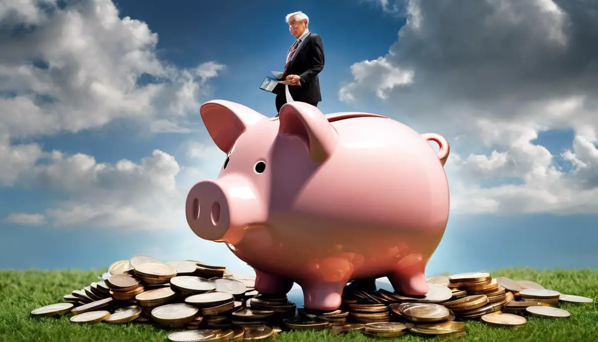 An image depicting a person with a piggy bank floating above them, symbolizing securing post-retirement finances.