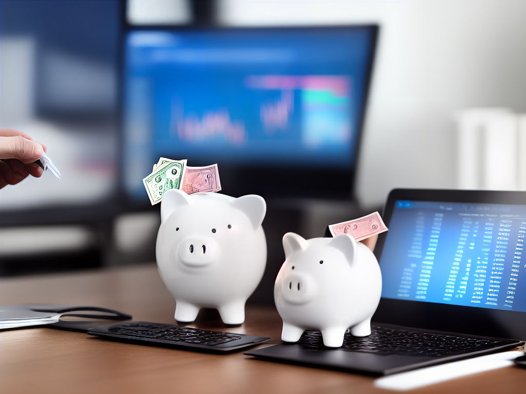 An image of an individual holding a piggy bank and standing in front of a computer screen displaying investment options.