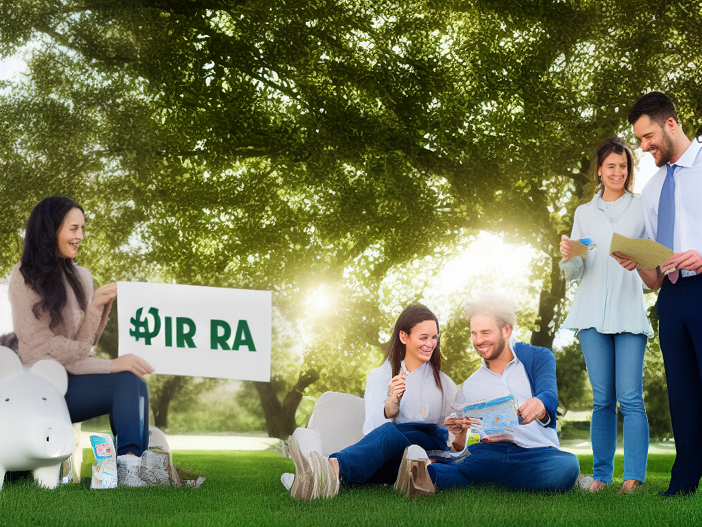 An illustration of a man and woman sitting under a tree with a piggy bank in front of them, and dollar signs floating above their heads. The man is holding a piece of paper with the words 'IRA-to-IRA Rollovers' written on it and pointing to it while looking at the woman.