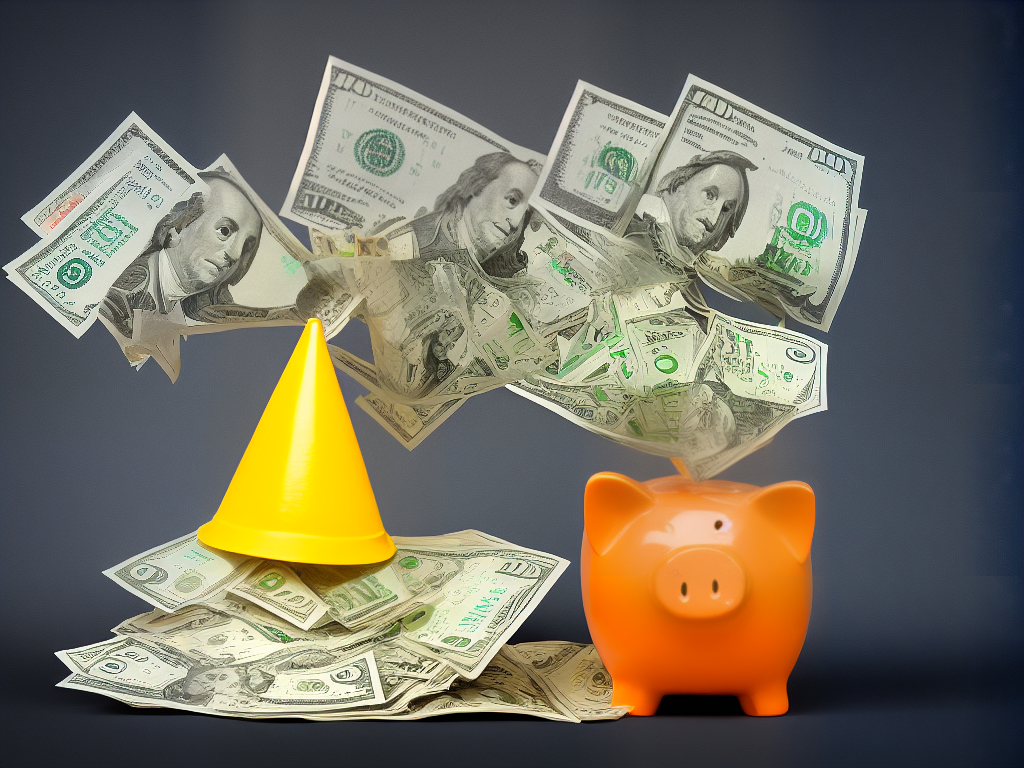 Illustration of a piggy bank wearing a party hat and holding a dollar sign with money bills floating around it.