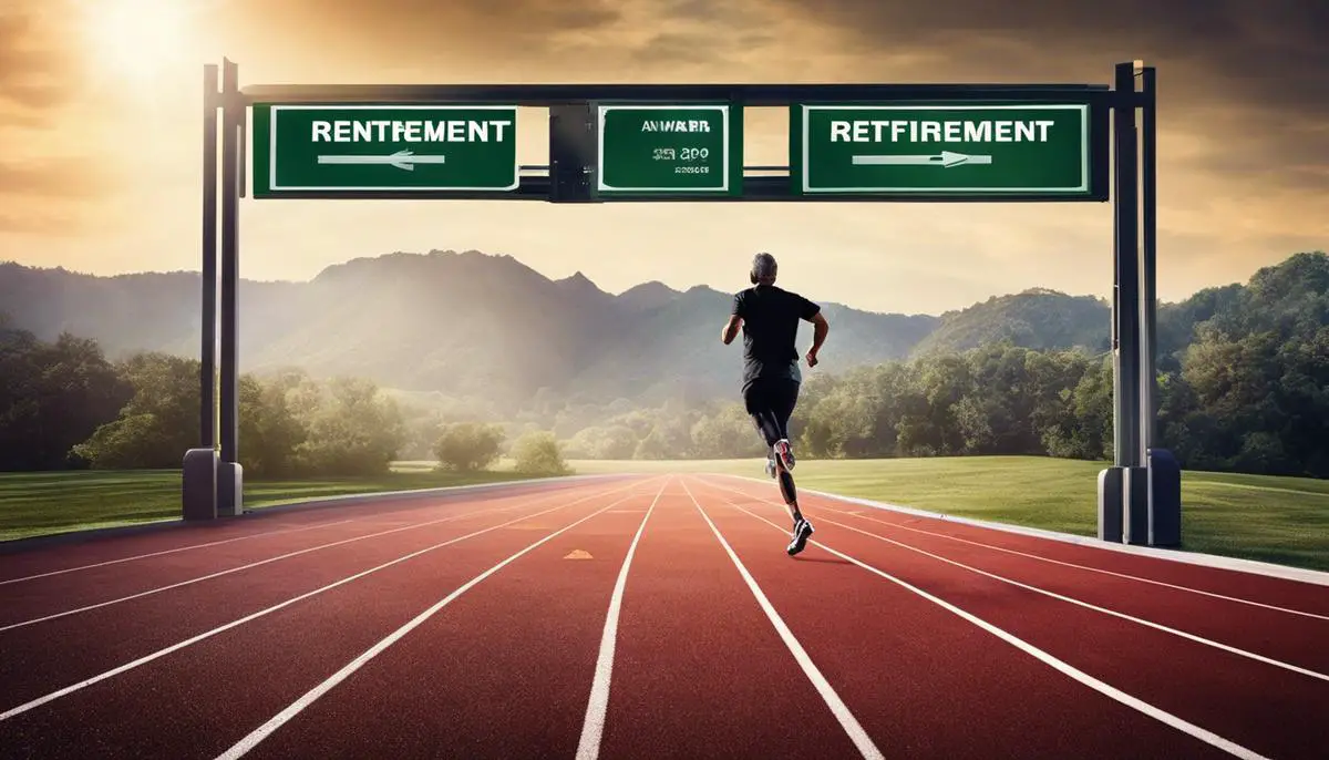 Image of a person running on a track towards a large retirement sign with dollar signs in the background.
