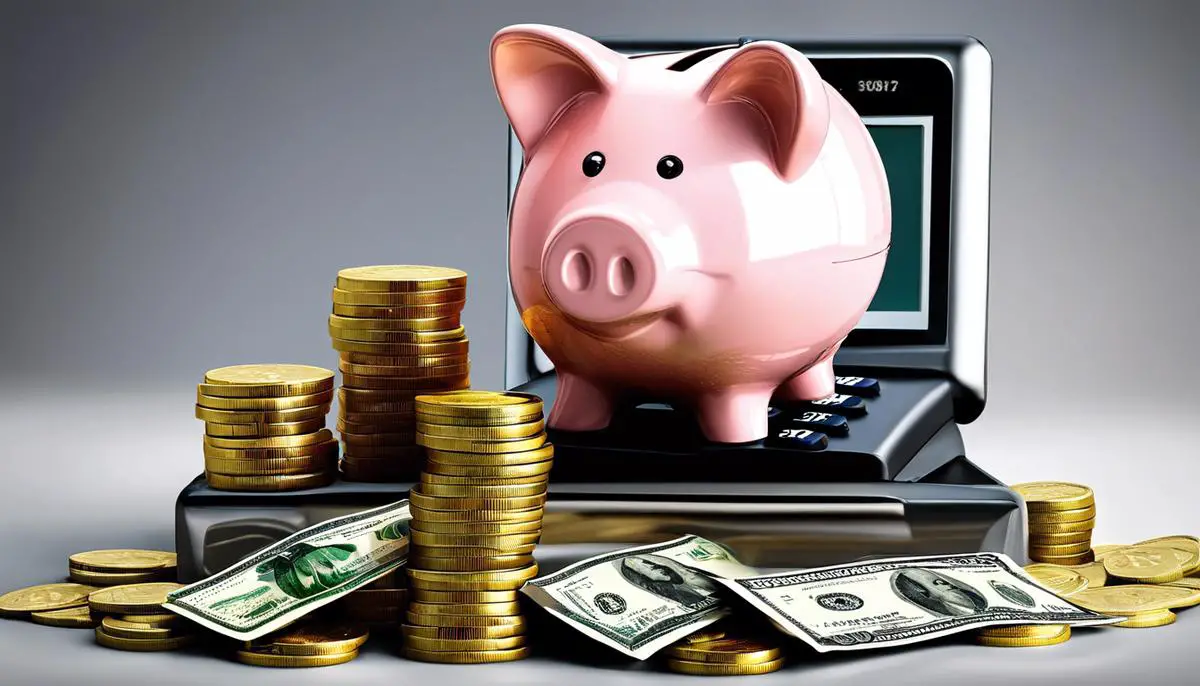 Image illustrating the importance of retirement savings with a depiction of a piggy bank and a calculator.