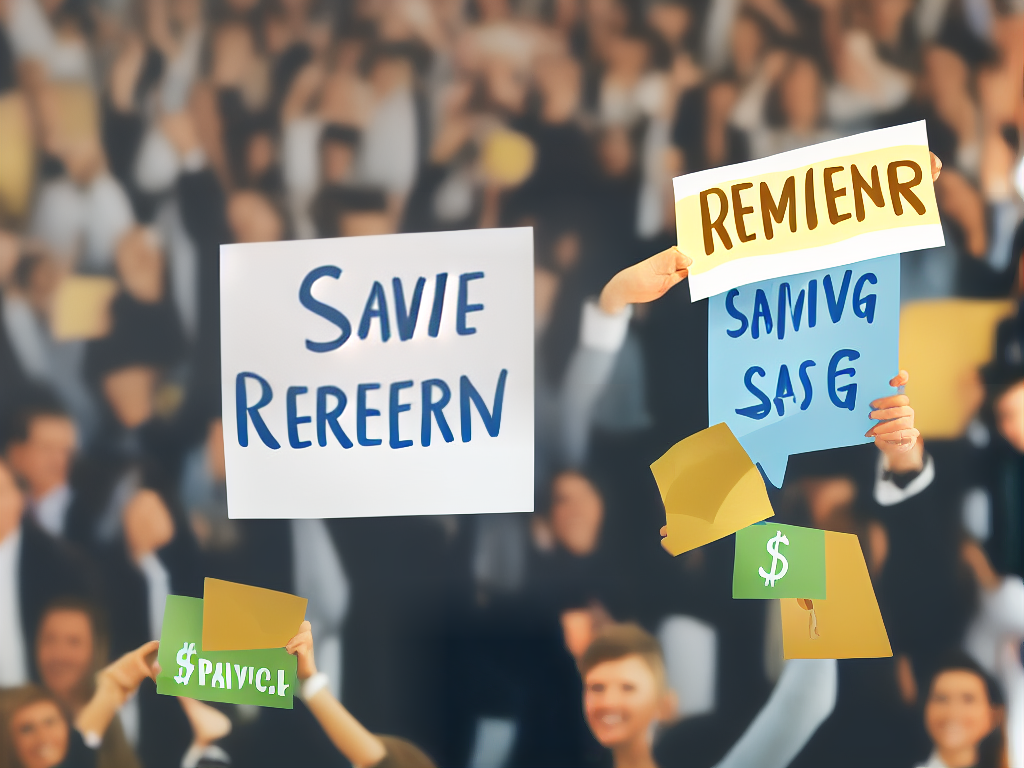 A cartoon illustration of a person holding up a sign with a dollar sign on it, to showcase saving for retirement