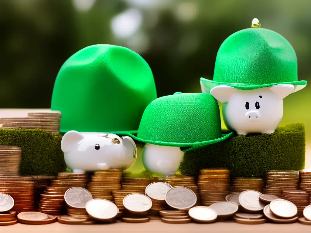 A piggy bank with a retirement hat sitting on coins with green trees and chart growth in the background.