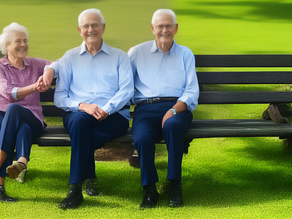 An image of an elderly couple sitting on a bench with smiles on their faces and hands held, giving the impression of a happy retirement.