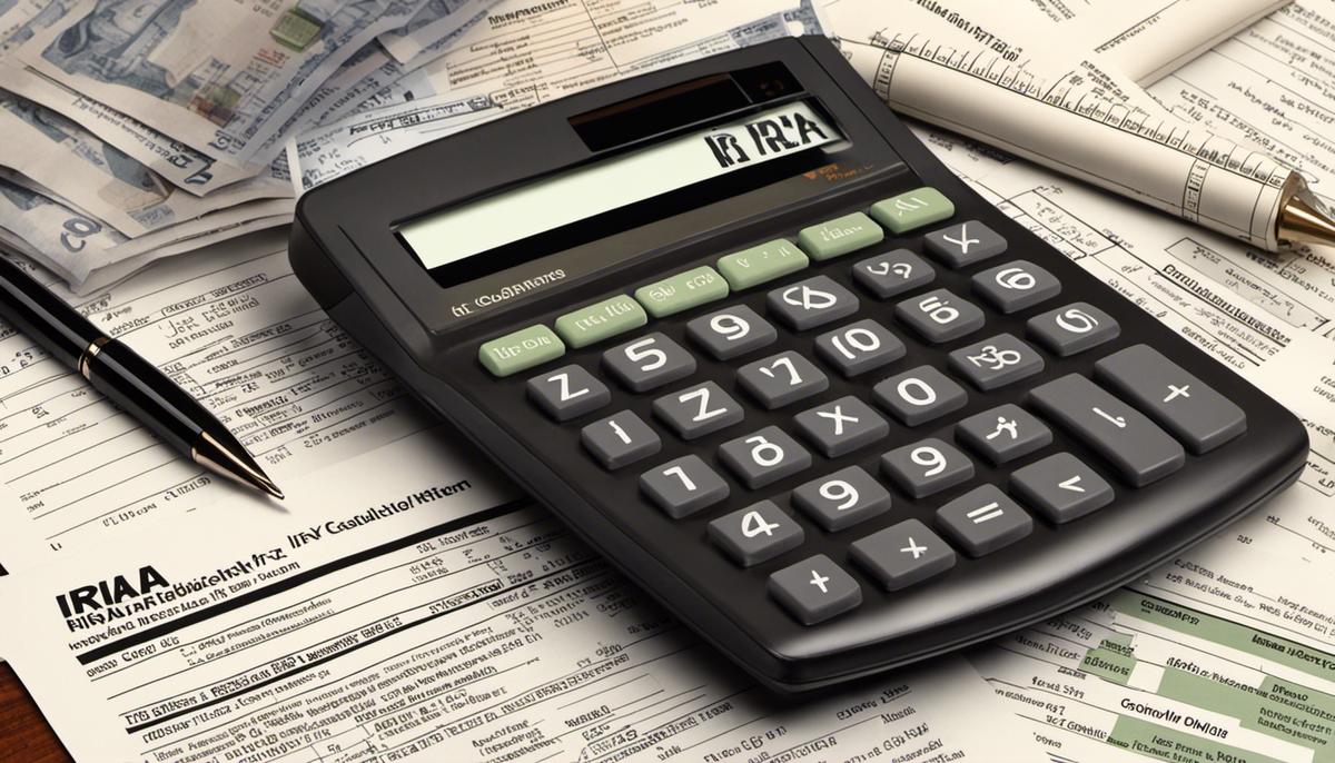 Illustration of various financial documents and a calculator, representing the complex nature of understanding Roth IRA distribution rules and tax implications