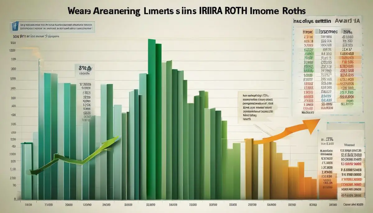 Image of a financial chart showing the income limits for Roth IRA. The image visually represents the concept of income limits for the Roth IRA, helping people with visual impairments understand the topic better.