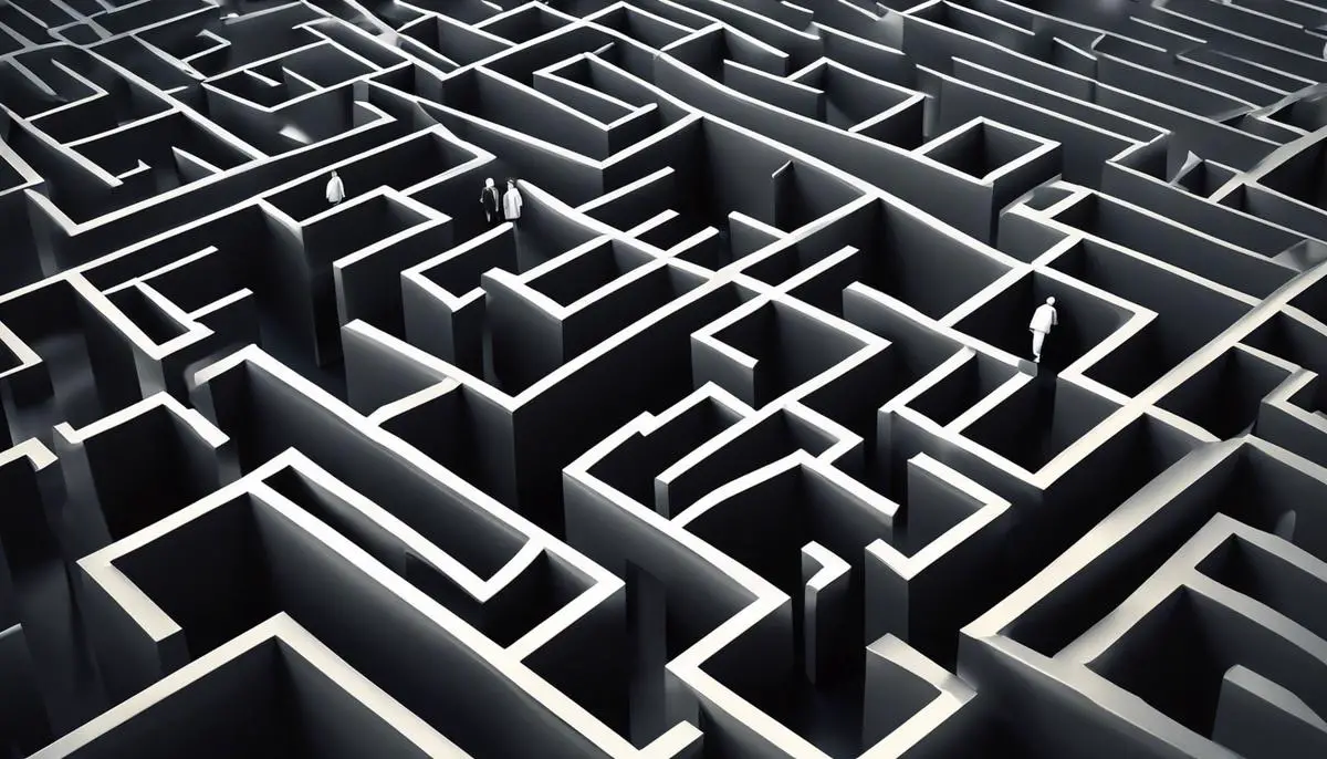 A depiction of a couple navigating through a maze, symbolizing the potential pitfalls and challenges of Spousal IRAs.