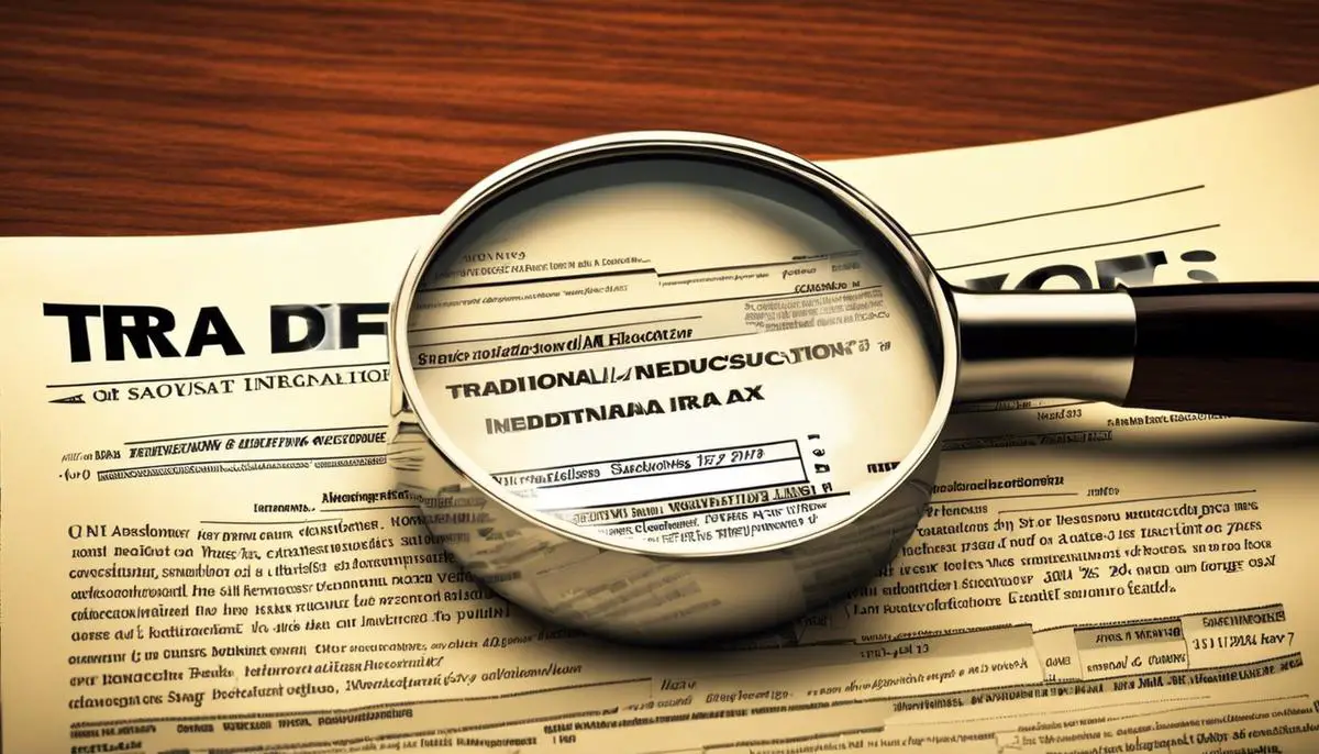 A magnifying glass hovering over a document with the text 'Traditional IRA Tax Deductions', representing the importance of understanding tax deductions for Traditional IRAs.